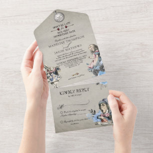 Invitation Tout En Un Vintage Dusty Blue Alice à Wonderland Mariage