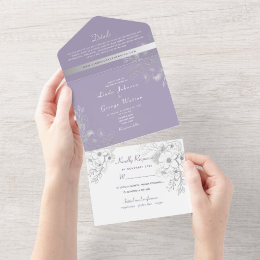 Invitation Tout En Un Vintage Elegant Purple Mariage (Déchirure)