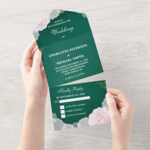 Invitation Tout En Un Vintage Emerald Green & Blush Pink Mariage