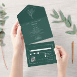 Invitation Tout En Un Vintage Floral Rustic Emerald Mariage QR Code Tous<br><div class="desc">Illustration couleur terre cuite de lanterne à huile de style vintage avec bordure botanique en art de ligne. L'Arrière - plan est vert émeraude. Comprend rsvp. L'arrière - plan extérieur est blanc cassé avec du texte et des illustrations émeraude.</div>