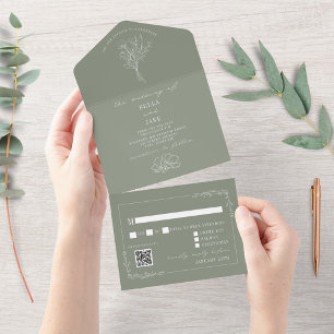 Invitation Tout En Un Vintage Floral Rustique Sage Vert QR Code Mariage