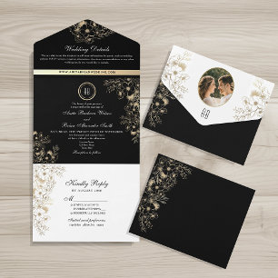 Invitation Tout En Un Vintage Gold Black et Mariage blanc