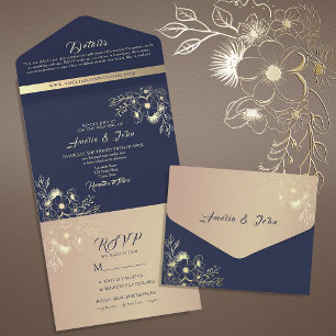 Invitation Tout En Un Vintage Gold et Mariage bleu marine