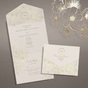 Invitation Tout En Un Vintage ivoire et Mariage or