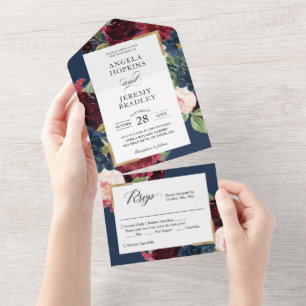 Invitation Tout En Un Vintage moderne Burgundy Blush Floral Mariage