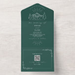 Invitation Tout En Un Vintage Mountain Rustic Emerald Code QR RSVP<br><div class="desc">illustration des montagnes et de la frontière botanique de l'art de la ligne. L'Arrière - plan est vert émeraude. Comprend rsvp</div>