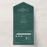 Invitation Tout En Un Vintage Mountain Rustic Emerald RSVP<br><div class="desc">Illustration de montagne et texte blanc sur arrière - plan émeraude. RSVP au fond avec bordure florale.</div>