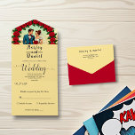 Invitation Tout En Un Vintage Retro Romantic Couple Comic Floral Mariage<br><div class="desc">Cette élégante faire-part de mariage de style bande dessinée est parfaite pour un mariage moderne. Le design rétro présente une illustration vintage de mariée et de mariée et une calligraphie noire sur un vieil arrière - plan en papier.</div>