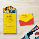 Invitation Tout En Un Vintage Retro Romantic Couple Comic Style Mariage<br><div class="desc">Cette élégante faire-part de mariage de style bande dessinée est parfaite pour un mariage moderne. Le design rétro présente une illustration vintage de mariée et de mariée et une calligraphie noire sur un vieil arrière - plan en papier.</div>