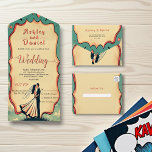 Invitation Tout En Un Vintage Retro Romantic Couple Comique Mariage de l<br><div class="desc">Cette élégante faire-part de mariage de style bande dessinée est parfaite pour un mariage moderne. Le design rétro présente une illustration vintage de mariée et de mariée et une calligraphie noire sur un arrière - plan à thème de bande dessinée.</div>