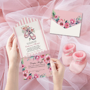 Invitation Tout En Un Vintage rose Ballerina Chaussures Baby shower fill