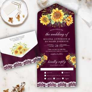 Invitation Tout En Un Vintage Russe Tournesols Bouquet Mariage Plum