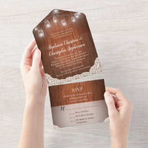 Invitation Tout En Un Vintage String Lights Mason Jar Lace Mariage en bo