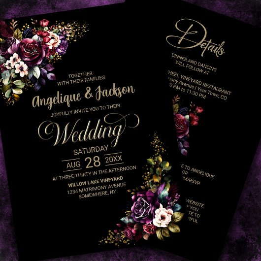 Invitation Tout en un violet bordeaux noir Mariage Floral