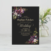 Invitation Tout en un violet bordeaux noir Mariage Floral (Debout devant)