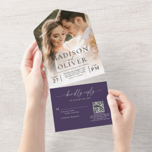 Invitation Tout En Un Violet Elegant Classic QR Code Mariage photo