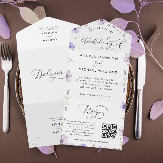 Invitation Tout En Un Violet Lavande violet Fleurs sauvages QR Code Mari