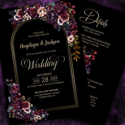 Invitation Tout en un violet Mariage d'arc floral bordeaux