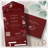 Invitation Tout En Un Violet | Marsala Rouge Floral | QR Code RSVP