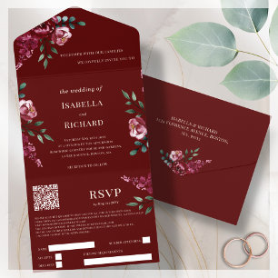 Invitation Tout En Un Violet   Marsala Rouge Floral   QR Code RSVP
