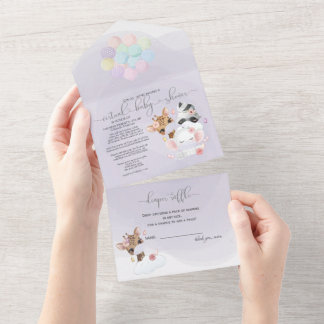 Invitation Tout En Un Violet mignon animaux dans les masques Baby shower