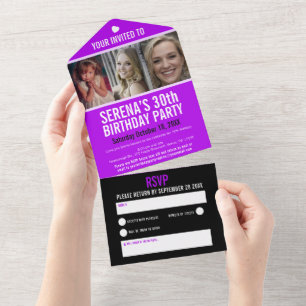 Invitation Tout En Un Violet noir trois photos 30e fête d'anniversaire