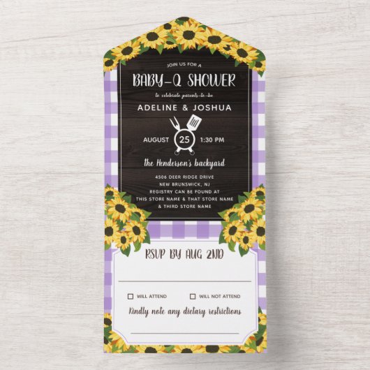 Invitation Tout En Un Violet rustique En vichy tournesol Baby-Q douche (À l'intérieur)