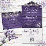Invitation Tout En Un Violet Rustique QR Code Mason Jars Lumières Mariag<br><div class="desc">Le tout dans un faire-part de mariage avec de jolies lampes à cordes,  des jarres de maçon,  des noms de style signature et une typographie chic sur un arrière - plan de bois rustique violet. L'invitation comprend une carte RSVP perforée avec un code QR. Conçu par Thisisnotme©</div>