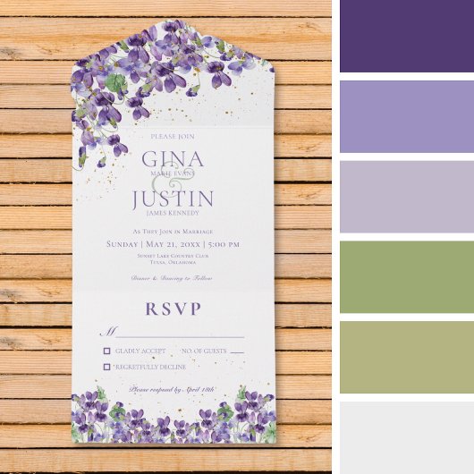 Invitation Tout En Un Violettes violettes violettes rustiques Or Étincel