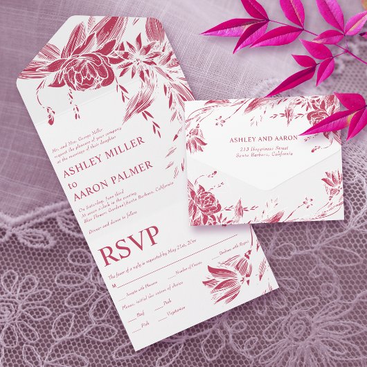 Invitation Tout En Un Viva magenta et fleurs d'art blanc mariage