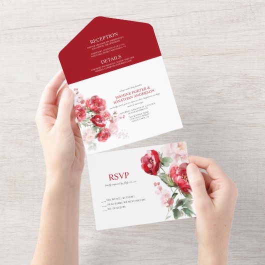 Invitation Tout En Un Vivid Red Roses Mariage (Déchirure)
