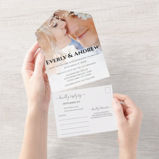 Invitation Tout En Un Votre photo Simple Moderne Chaîne Lumières Mariage (Déchirure)