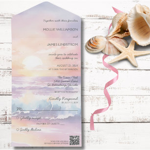 Invitation Tout En Un Watercolor Beach Sunset All in One Wedding Inviter