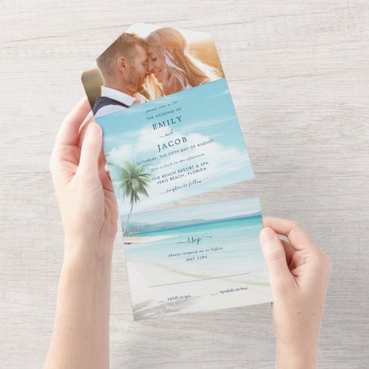 Invitation Tout En Un Watercolor Beach Wedding avec photo (Déchirure)