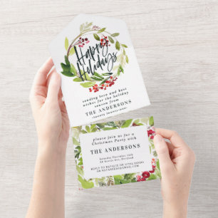 Invitation Tout En Un Watercolor Berries Verdure Wreath happy Holidays