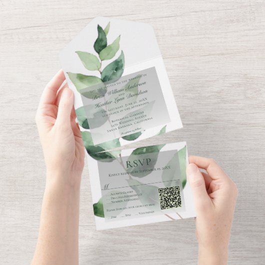 Invitation Tout En Un Watercolor Eucalyptus Wedding | White (Déchirure)