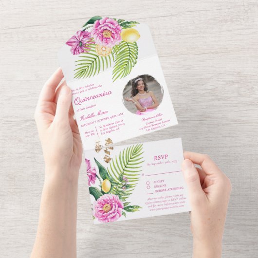 Invitation Tout En Un Watercolor Floral Pink Peonies Photo Quinceañera (Déchirure)
