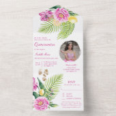 Invitation Tout En Un Watercolor Floral Pink Peonies Photo Quinceañera (À l'intérieur)