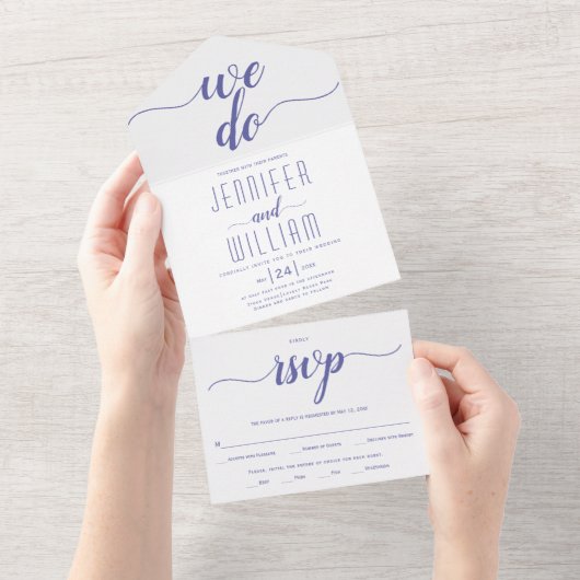 Invitation Tout En Un "We do" periwinkle bleu script typographie mariage (Déchirure)