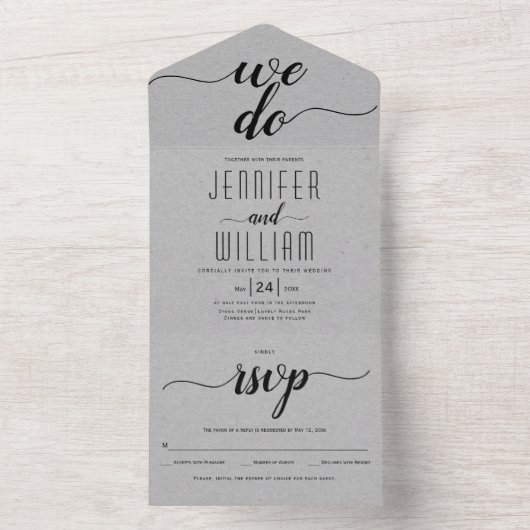 Invitation Tout En Un "We do" script calligraphie gris kraft weddin (À l'intérieur)