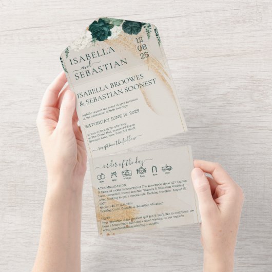 Invitation Tout En Un Wedding Cream All in save the date Emerald Green (Déchirure)