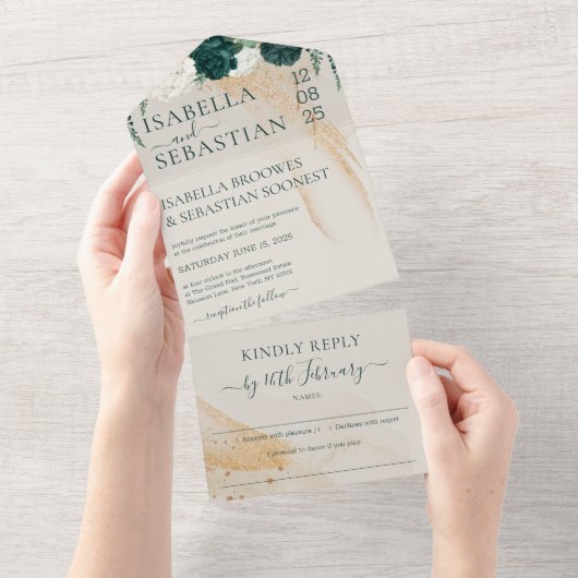 Invitation Tout En Un Wedding Cream Kindly Reply Emerald Green Rose (Déchirure)