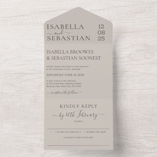 Invitation Tout En Un Wedding Soft Beige Kindly Reply invite (À l'intérieur)