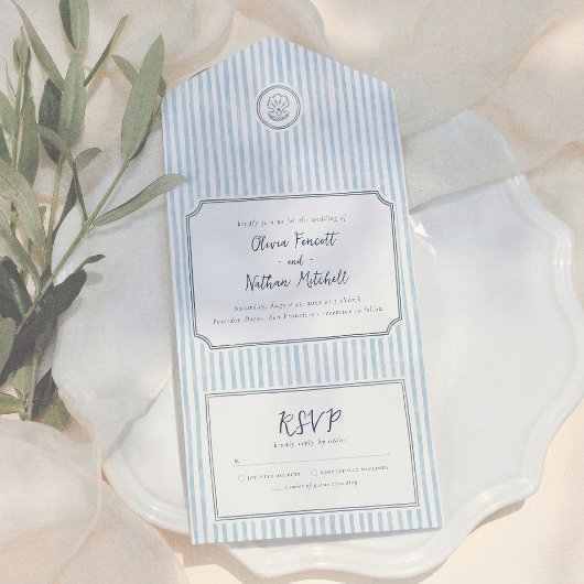 Invitation Tout En Un Whimsical Retro Blue Stripes Wedding