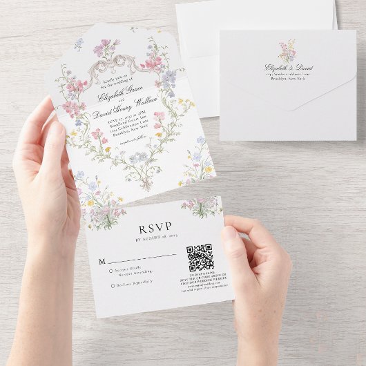 Invitation Tout En Un Whimsical Rococo Floral Crest Wedding QR Code Rsvp