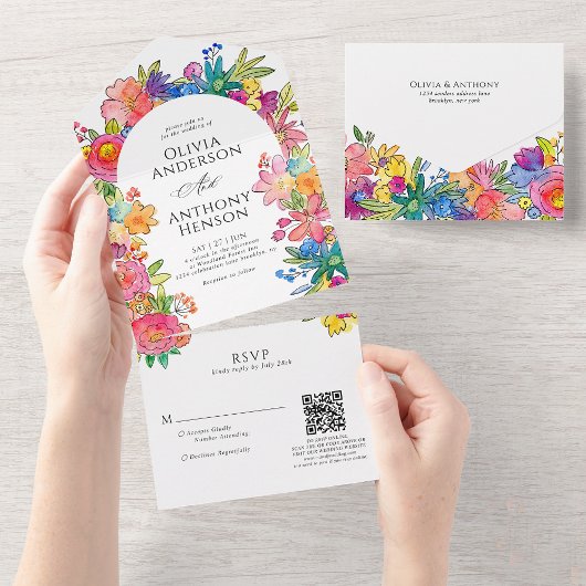 Invitation Tout En Un Whimsy Bold Floral Aquarelle QR Code Mariage