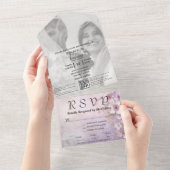 Invitation Tout En Un White Cherry Blossom Mauve Photo QR Code Site Web (Déchirure)