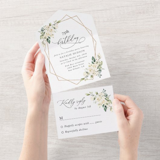 Invitation Tout En Un White Flowers, Cream Flowers, Boho, Birthday (Déchirure)