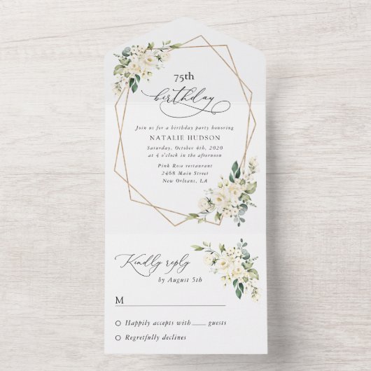 Invitation Tout En Un White Flowers, Cream Flowers, Boho, Birthday (À l'intérieur)