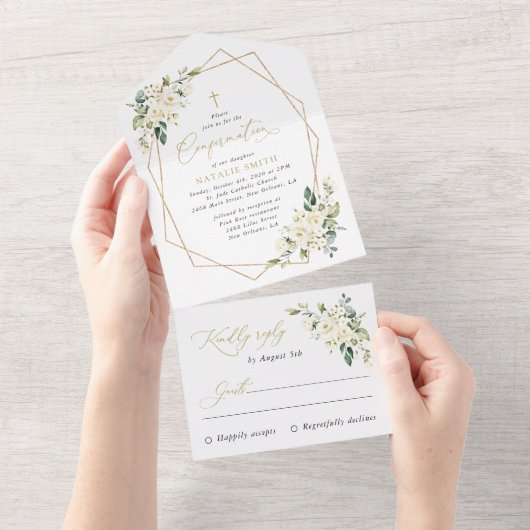 Invitation Tout En Un White Flowers, Cream Flowers, Boho, Confirmation (Déchirure)